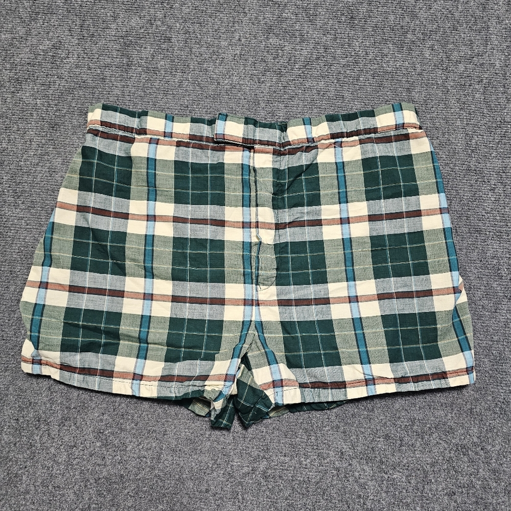 VTG 70s Puritan Green Tartan Plaid Swim Shorts Trunks Lined USA Men XL 2"in RARE